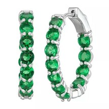 14K Plaqué or Blanc Rond Brillant Vert Émeraude Intérieur-extérieur Boucle - £74.97 GBP