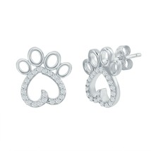 Sterling Silver Heart Paw Print Clear CZ Stud Earrings - £22.72 GBP