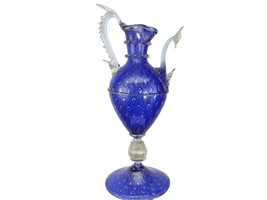 Vintage Venetian cobalt blue gold and controlled bubbles ewer form sculptural va - £1,262.22 GBP