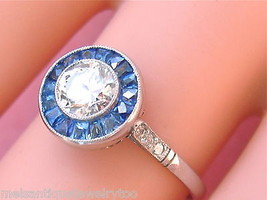 Art Deco .60 Ct Euro Diamond Solitaire Sapphire Halo Platinum Engagement Ring - £2,261.58 GBP