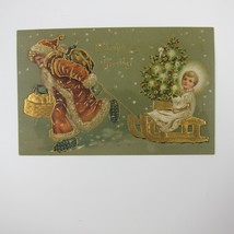 Vintage Christmas Postcard Santa Pulls Sled Angel Holds Tree Embossed Antique - £23.46 GBP
