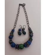 Premier Designs Blue &amp; Green  Beaded Silver Tone Chain Necklace w/ Earri... - $420.86 MXN
