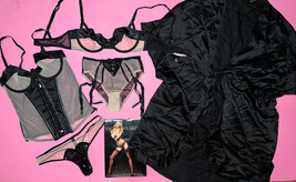 Victoria&#39;s Secret Unlined 34B Bra Set+Corset+Garter Panty Nude Beige Black Satin - £175.44 GBP