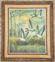 Vintage Painting Oil on Canvas Flying Ducks in March w Birch Trees 17 1/2&quot; x 14&quot; - £40.31 GBP