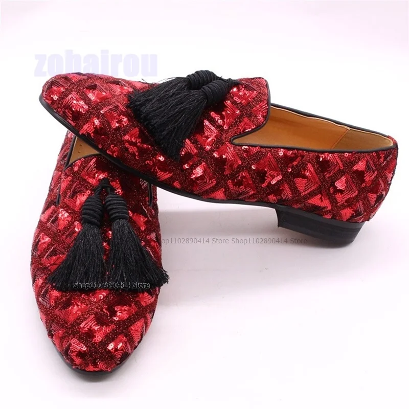 Fashion Luxurious Sequins Tassels Loafers Shoes Black Red Men&#39;s Slip On ... - $188.70