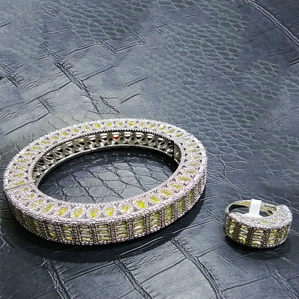 2PC African Bangle Ring Set Dubai Bridal Jewelry Sets For Women Wedding Cubic Zi - £122.76 GBP