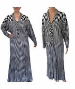 80s Retro Plaid Dress Black White Gored Skirt Print Rayon 10 - €36,22 EUR