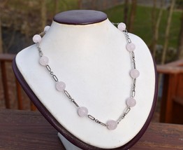 Chinese Carve Rose Quartz Longevity Beads Sterling Silver Paper Clip Chain - $124.99