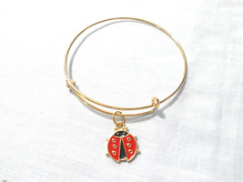 Ladybug Red Black Enamel Color Charm On Goldtone Adjustable Bangle Bracelet - £4.71 GBP