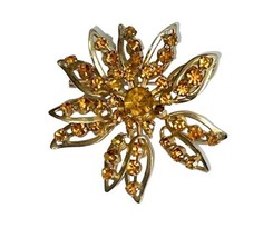 Vintage Gold Tone Faux Citrine Orange Rhinestone Flower Brooch Pin State... - $14.99