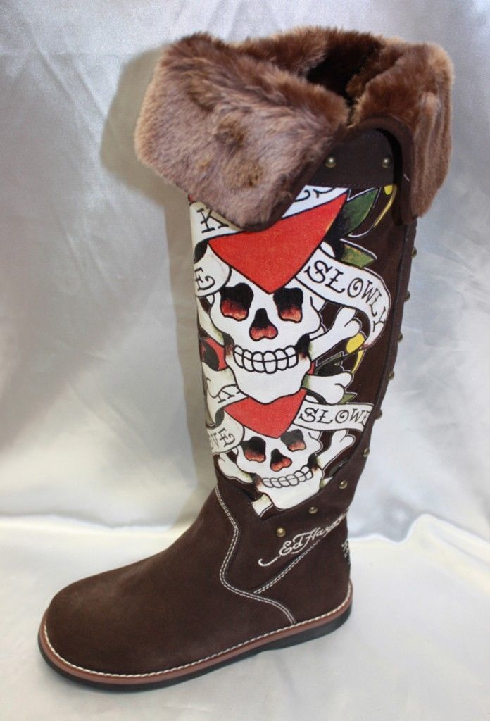 Women s Ed Hardy Love Kills Slowly Brown w Fur 14