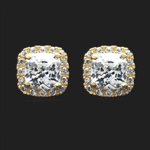1.90Ct Cushion Simulated Gemstone Halo Stud Earrings Yellow Gold Plated Silver - £86.13 GBP