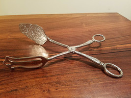 VINTAGE SILVERPLATE OVER ZINC ALLOY SALAD ROUNDED TONGS ENGRAVED AND EMBOS - $19.75