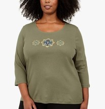 Karen Scott Womens Plus 2X Olive Sprig Embellished Casual Pullover Top NWT CG67 - £15.65 GBP
