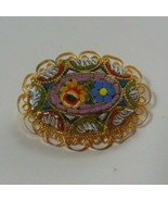 Vintage Multi-color Mosaic Gold-tone Filigree Brooch - £50.61 GBP