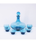 Vintage Decanter Set Mid Century Cobalt Blue Art Glass with Six Cups Ita... - $149.59