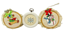 Vintage Lot of 3 Handmade Fabric Cross Stitch Round Christmas Ornaments - $14.83