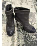 CHANEL 39 C GREY LEATHER BLUE CAP TOE BOOTIE HIDDEN PLATFORM ANKLE BOOTS - $589.05