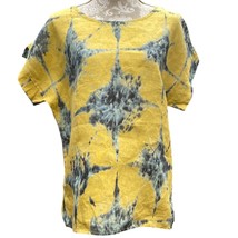 Bellambia Italy Size L Linen Boxy Top Blouse Sort Cap Sleeve Yellow Blue... - $42.69