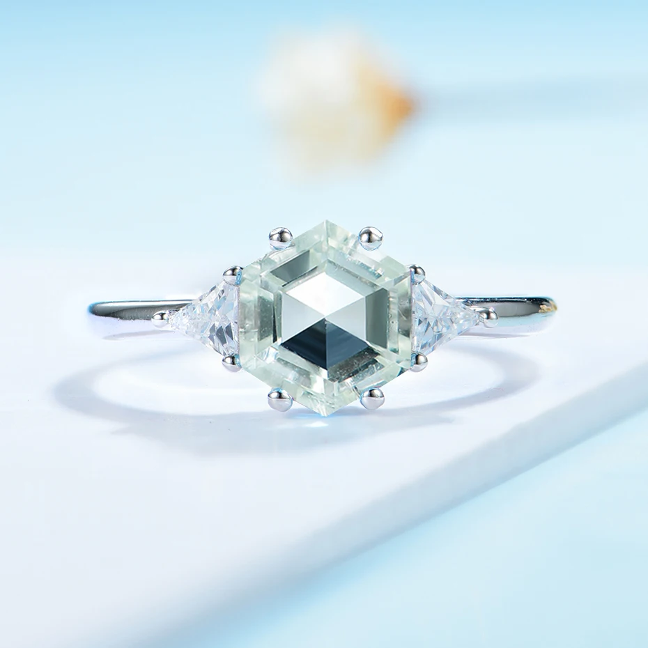 Kuoit  hexagon Topaz Gemstone Ring for Women 925  Silver Green amethyst Moonston - $67.45