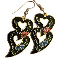 Cloisonne Double Heart Earrings Pierced Black Blue Red Goldtone Hook 1.25” - £14.10 GBP