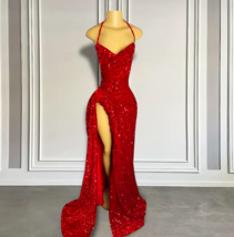 Red Sparkly Prom Dresses 2024 Vestidos De Gala Glitter Sequin Halter Formal Wear - £126.29 GBP