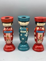 Vtg Set Of 3 Japanese Kokeshi Doll Candlestick Holders Lacquered - $611.87 MXN