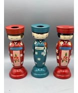 Vtg Set Of 3 Japanese Kokeshi Doll Candlestick Holders Lacquered - $611.87 MXN