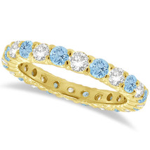 1CT Aquamarine &amp; Diamond Eternity Ring 14K Yellow Gold - £787.63 GBP+
