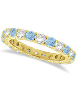 1CT Aquamarine &amp; Diamond Eternity Ring 14K Yellow Gold - £785.26 GBP+