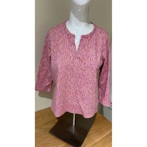 L.L.Bean 3/4 Sleeve Split Neck Top Casual Blouse Pink Pattern All Over M... - $11.99