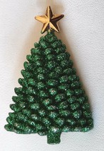 CHRISTMAS TREE Brooch  Pin Vintage Green Glittered Gold Tone  2 3/8 Inches Tall - £14.15 GBP