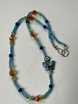Aqua w Cobalt Blue Orange &amp; Green Bead &amp; Cloisonne Enamel Butterfly Necklace – - £8.92 GBP