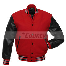 New Bomber Varsity Letterman Baseball Jacket Red Body &amp; Black Leather Sl... - $95.98