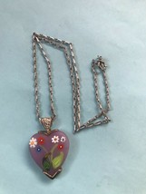 Vintage Very Pretty Silvertone Chain w Floral Painted Frosted Purple Glass HEART - £23.02 GBP