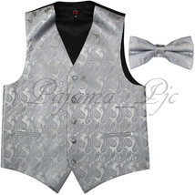 Silver XS to 6XL Paisley Tuxedo Suit Dress Vest Waistcoat &amp; Bow tie Wedding Prom - £19.32 GBP+