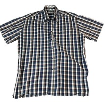 NONO Men&#39;s Large Button Up Short Sleeve 100% Cotton Blue Plaid Shirt - $18.69