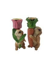Pair 2 Resin Farm Bunny w Pink Tulip Easter Carrot Candle Stick Holders - £15.83 GBP
