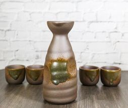 Glazed Ceramic Abstract Clay Brown Japanese Sake Tokkuri Flask And 4 Cup... - €27,65 EUR