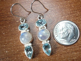 Moonstone and Faceted Blue Topaz 925 Sterling Silver 3-Gem Dangle Earrings - £23.87 GBP