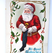 Santa Claus Father Christmas Postcard Holding Horn And Stocking Stecher ... - £8.80 GBP