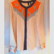Boutique Women&#39;s Button Up Shirt Multicolor Long Sleeve Lace Embroidered... - $14.84