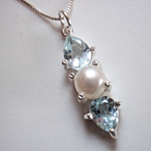 Cultured Pearl &amp; Faceted Blue Topaz Teardrop 3-Gem 925 Sterling Silver Pendant - £13.04 GBP