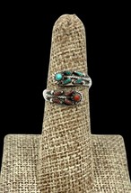 Vintage John Quam Zuni Sterling Silver Turquoise Coral Needlepoint Flower Ring - $119.99