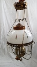 1800s Antique Hanging Oil Lamp Electrified Milk Glass Globe Painted Roses Frame - £391.72 GBP