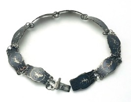Vintage 40&#39;s Made In Siam Niello Mekala Goddess Black Enamel Link Bracelet - £28.55 GBP