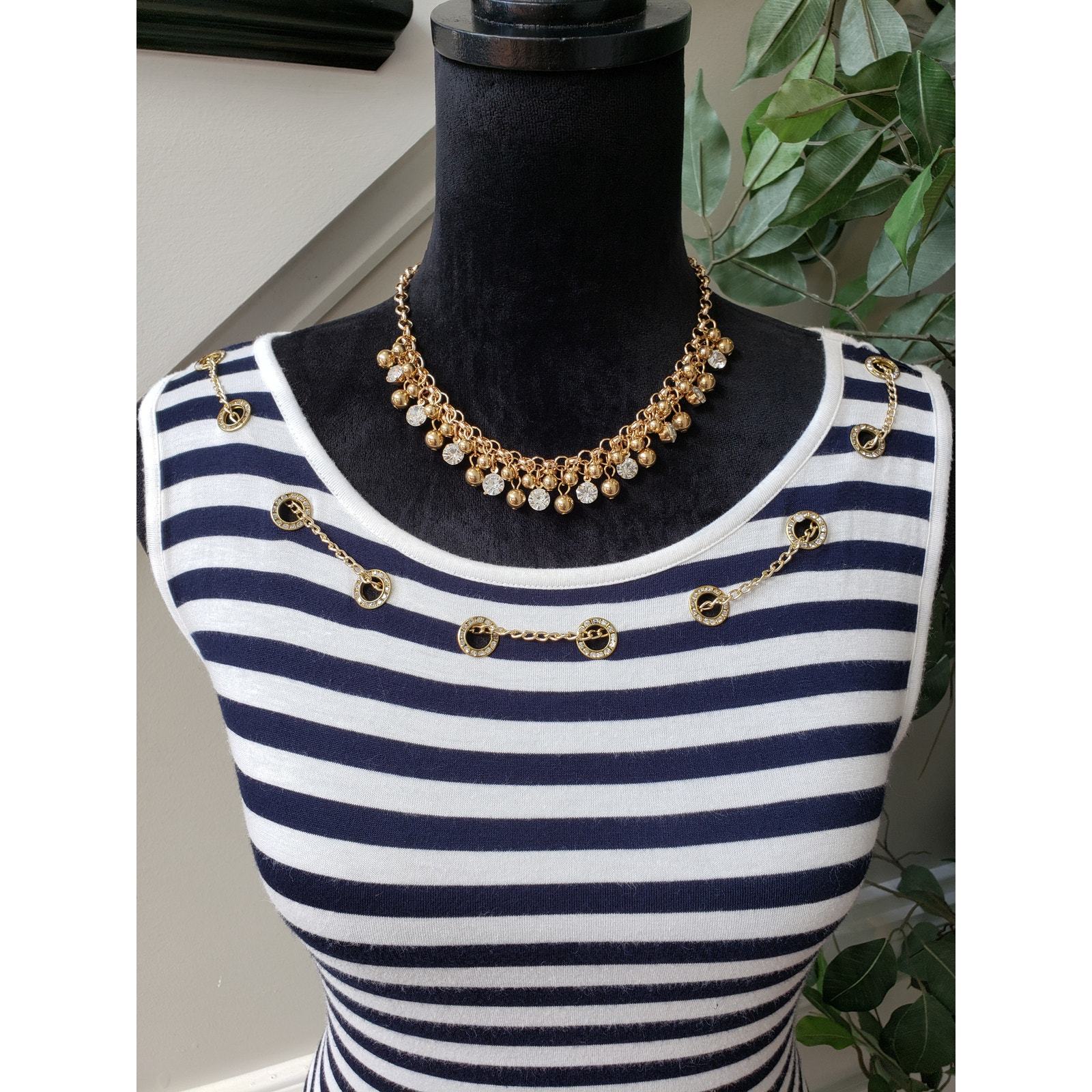 Belldini Top Blouse Womens Small White Blue Striped Embellished Asymmetrical Hem Item image 3