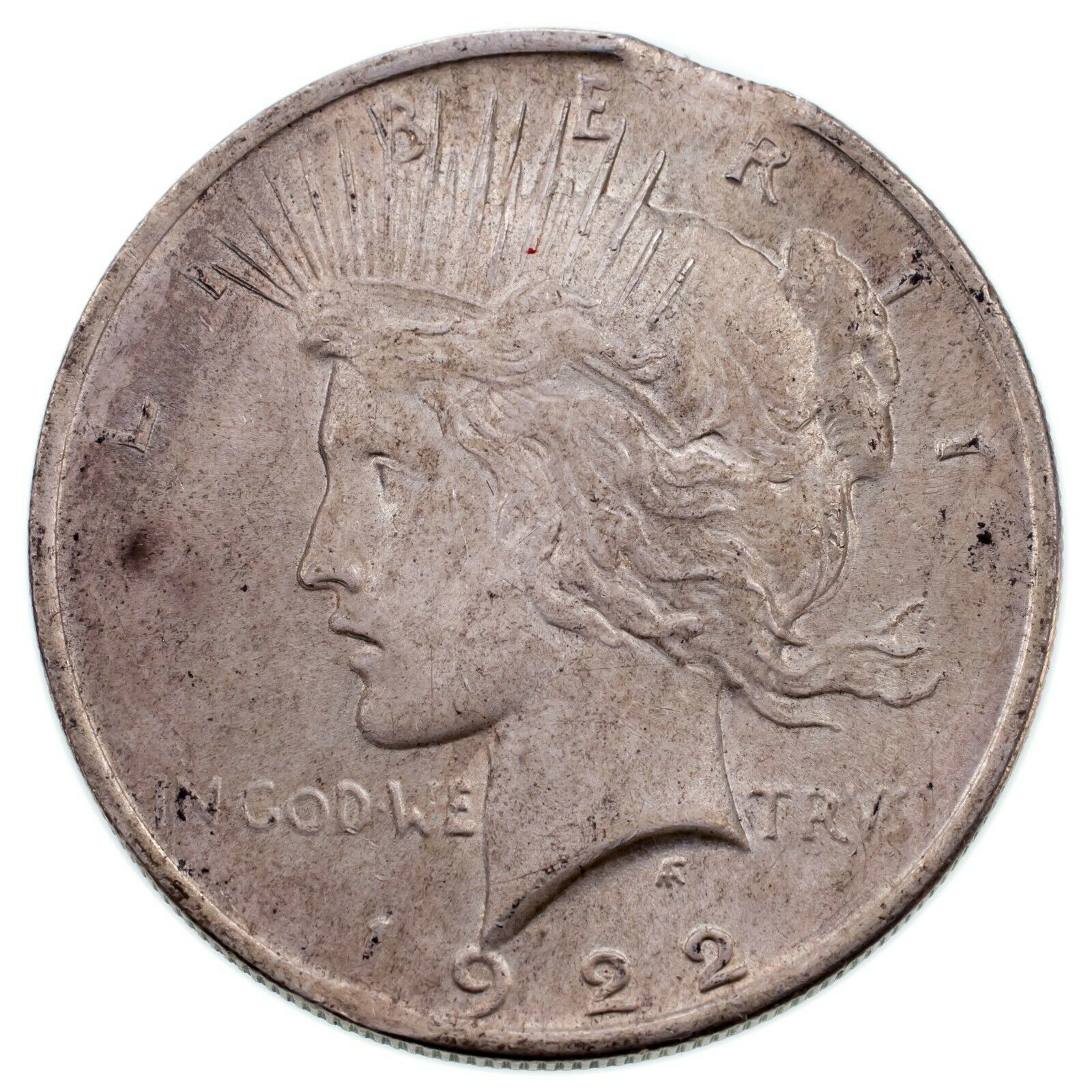 1922 $1 Silver Peace Dollar "Clipped" Variety in Ch BU Condition, Clip at 1:00 - £66.45 GBP
