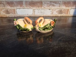 Pair Of Vintage Pink Swans w/3D Roses Ceramic Candle Holders Pink/Green 3&quot;Tall - £10.27 GBP