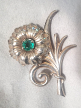 Vintage Sterling Silver Flower Brooch Pin Green Rhinestones 2.5&quot; - $26.72